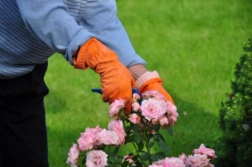 Team using protective equipment while mowing